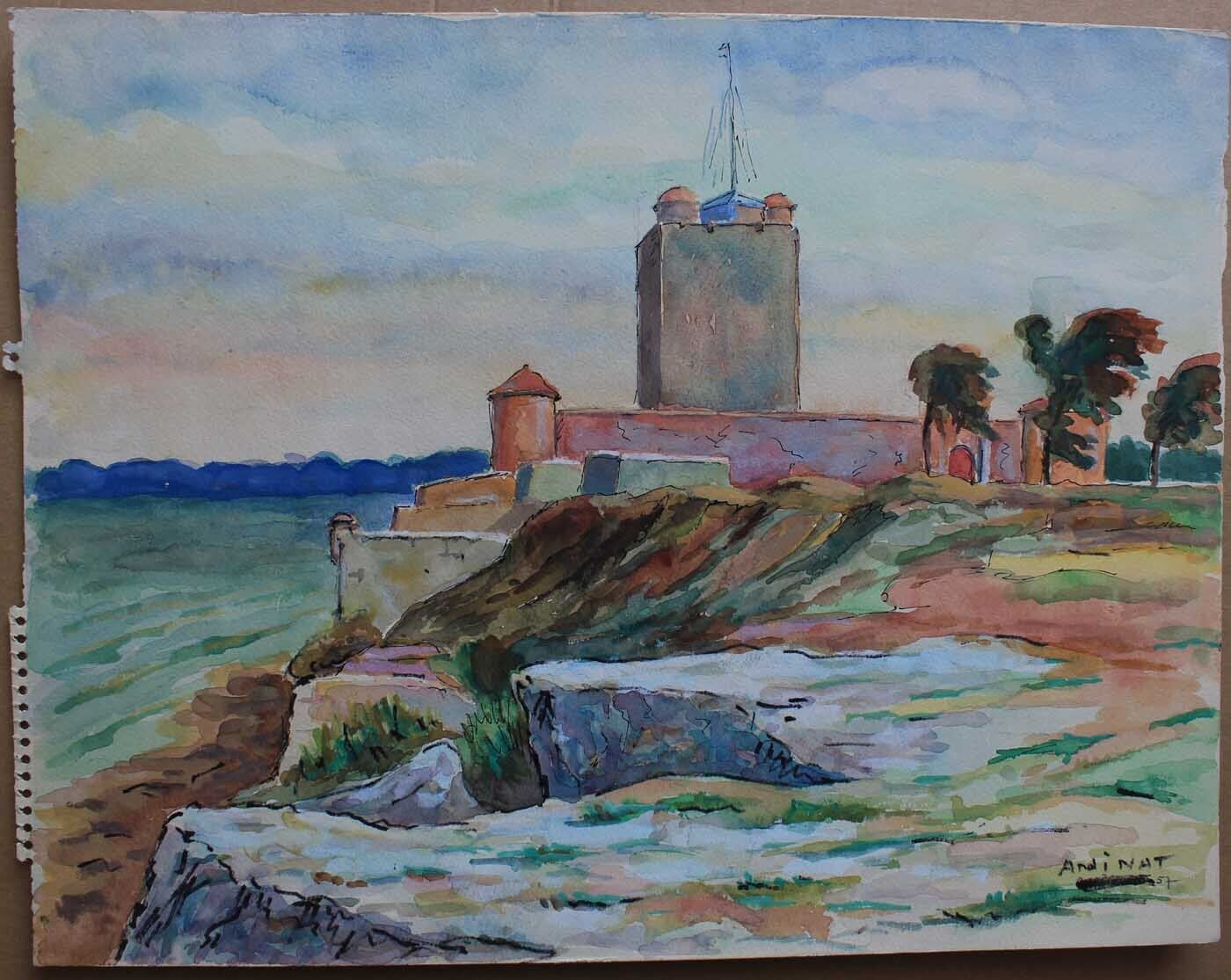 Paul Aninat watercolor French artist Fortress with tower by the sea 1957