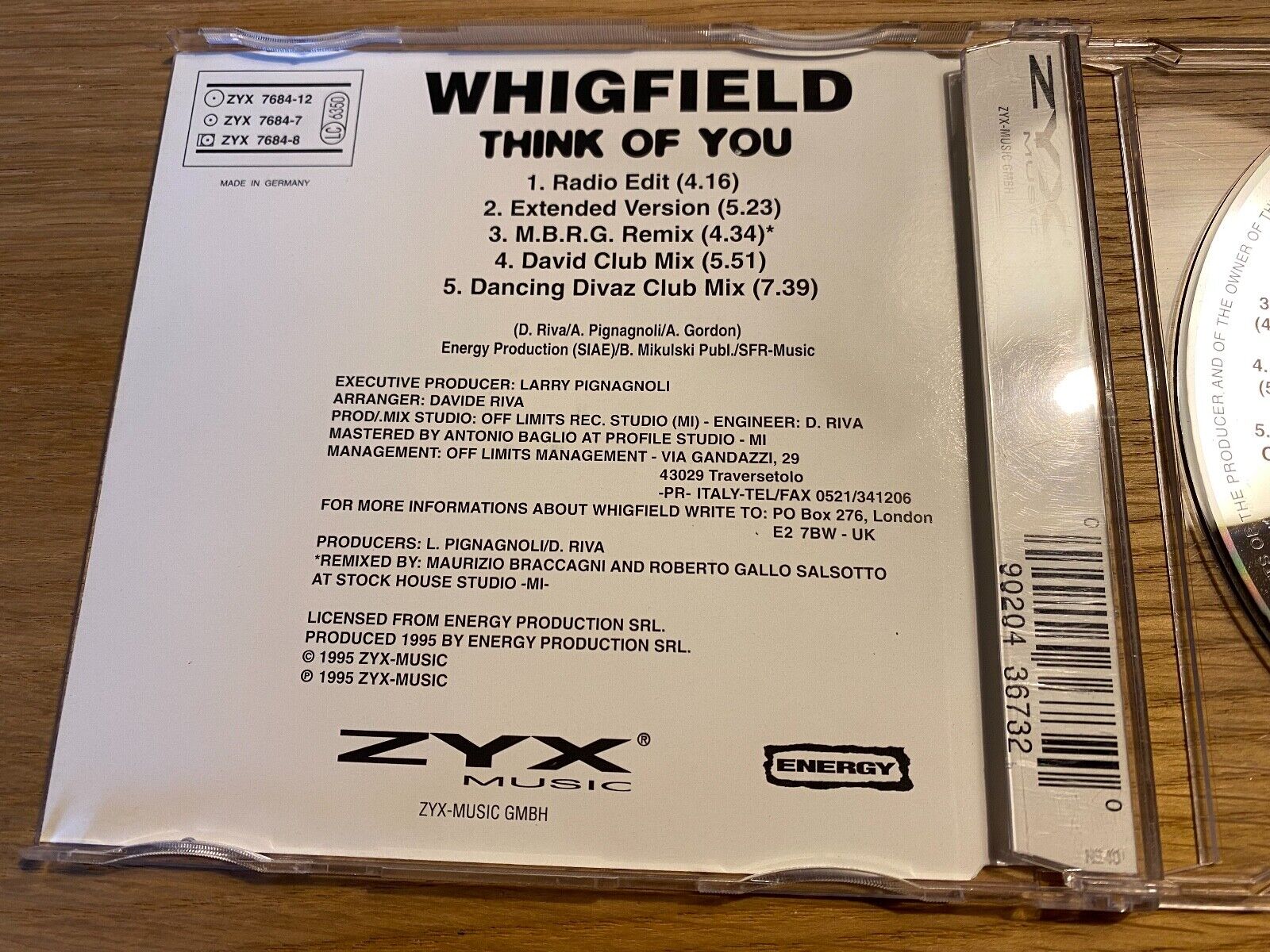 WHIGFIELD "THINK OF YOU" 1995 CD SINGLE 5 TRACK ZYX RECORDS WEST GERMAN PRESSING