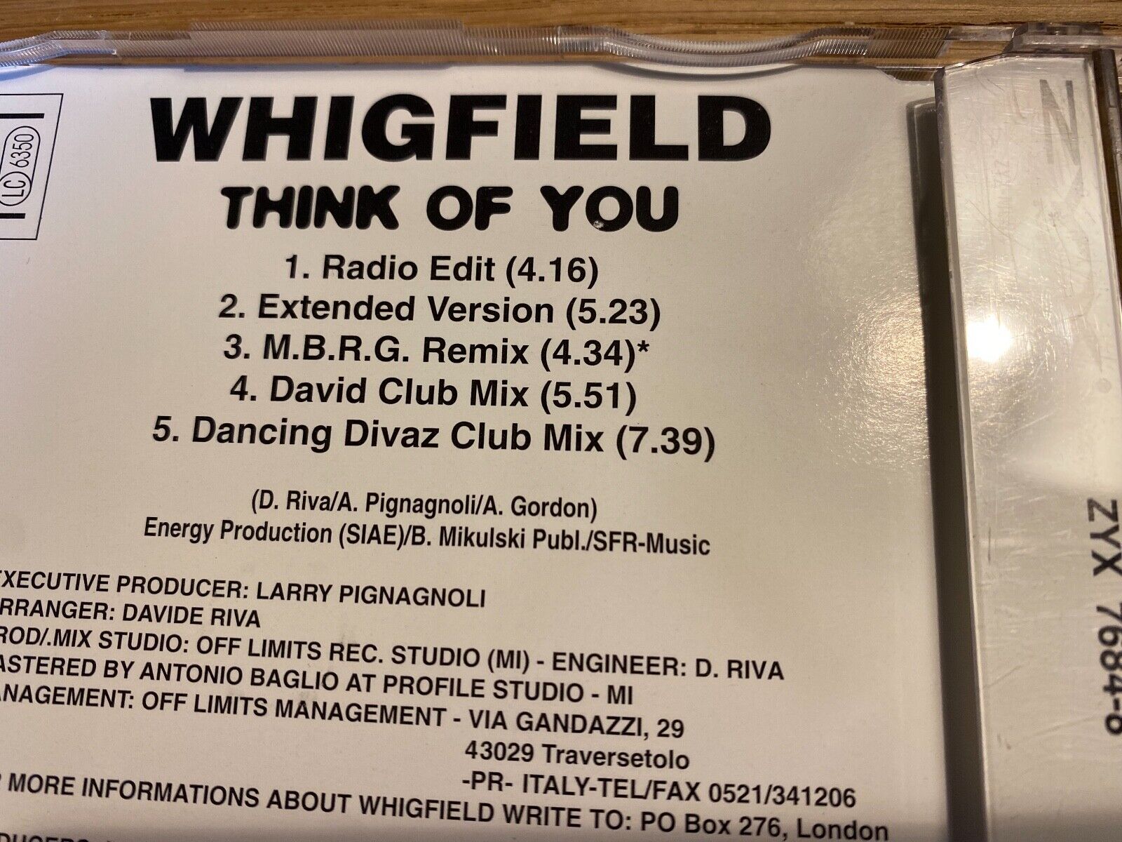 WHIGFIELD "THINK OF YOU" 1995 CD SINGLE 5 TRACK ZYX RECORDS WEST GERMAN PRESSING