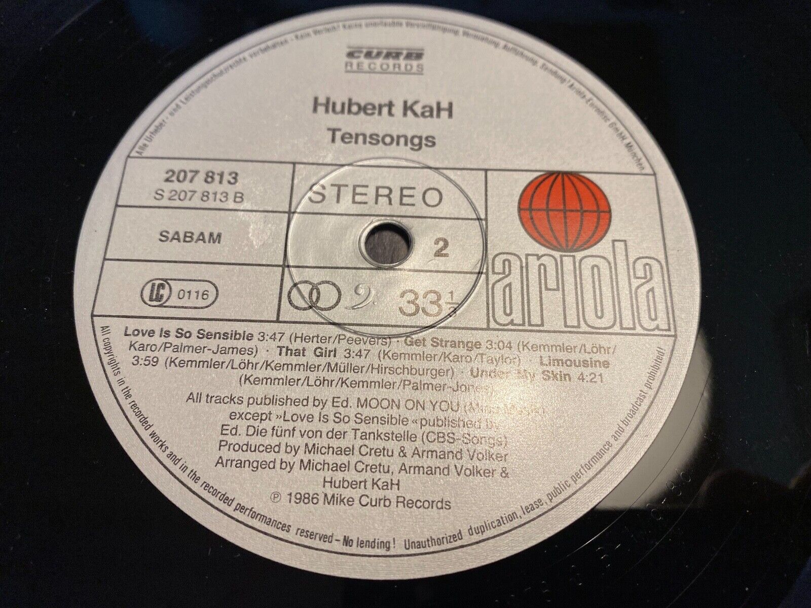 HUBERT KAH "TENSONGS" 1986 ARIOLA  CURB RECORDS SABAM BELGIAN PRESSED VINYL LP*