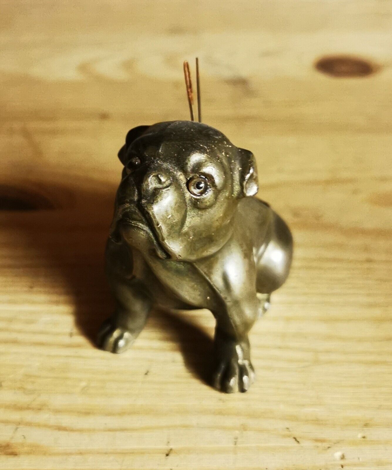 DOG FIGURE:  Old metal bull dog figurative needle sewing thread holder c 1920