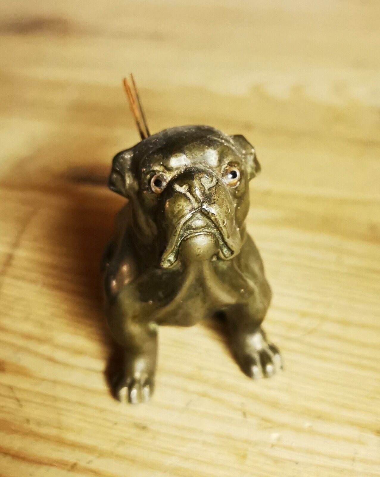 DOG FIGURE:  Old metal bull dog figurative needle sewing thread holder c 1920