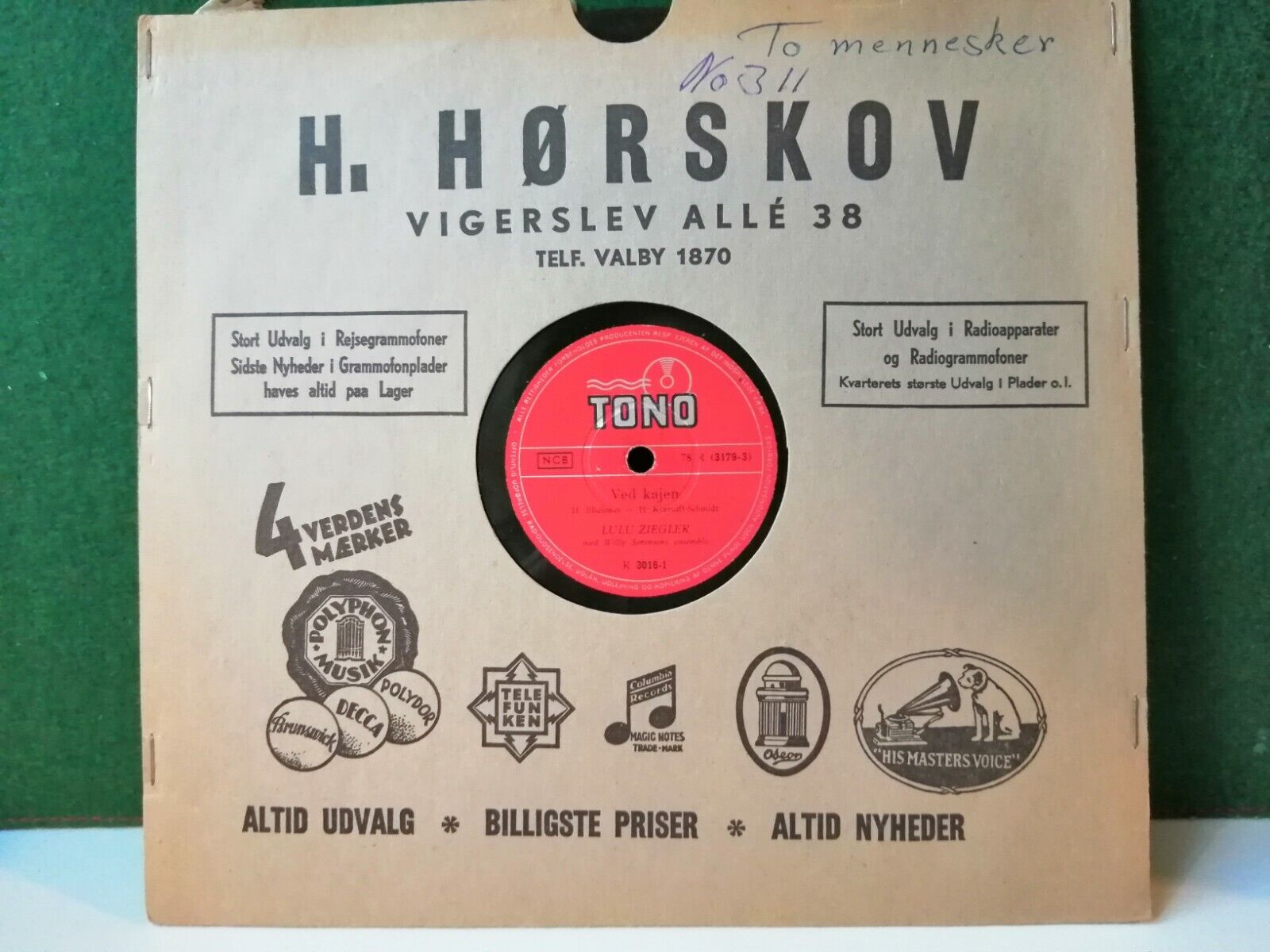 78 RPM  shellacLULU ZIEGLER Ved Kajen /To MenneskerDanish Tono R 3061