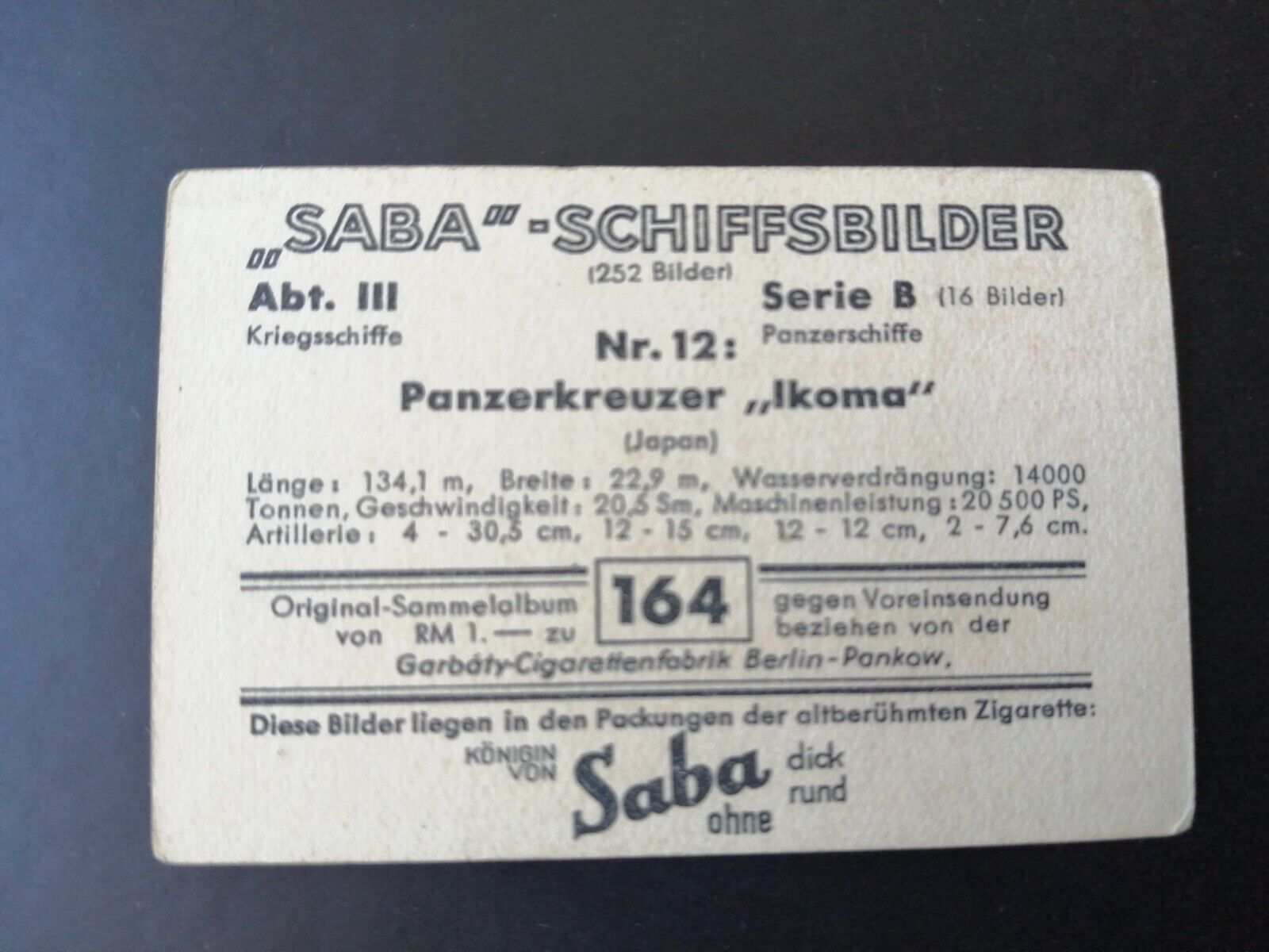 German SABA tobacco ship trading card 1931-33No 164 "Ikoma" Japan