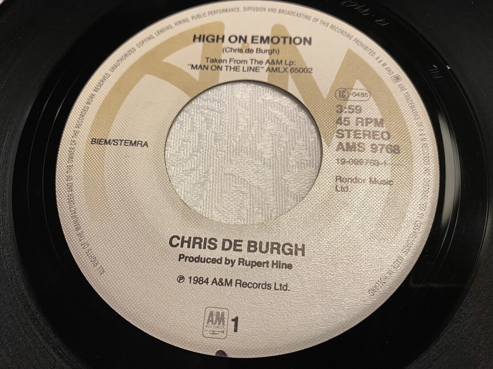 CHRIS DE BURGH "HIGH ON EMOTION / MUCH MORE THAN THIS" 1984 A  M RECORDS 7 INCH