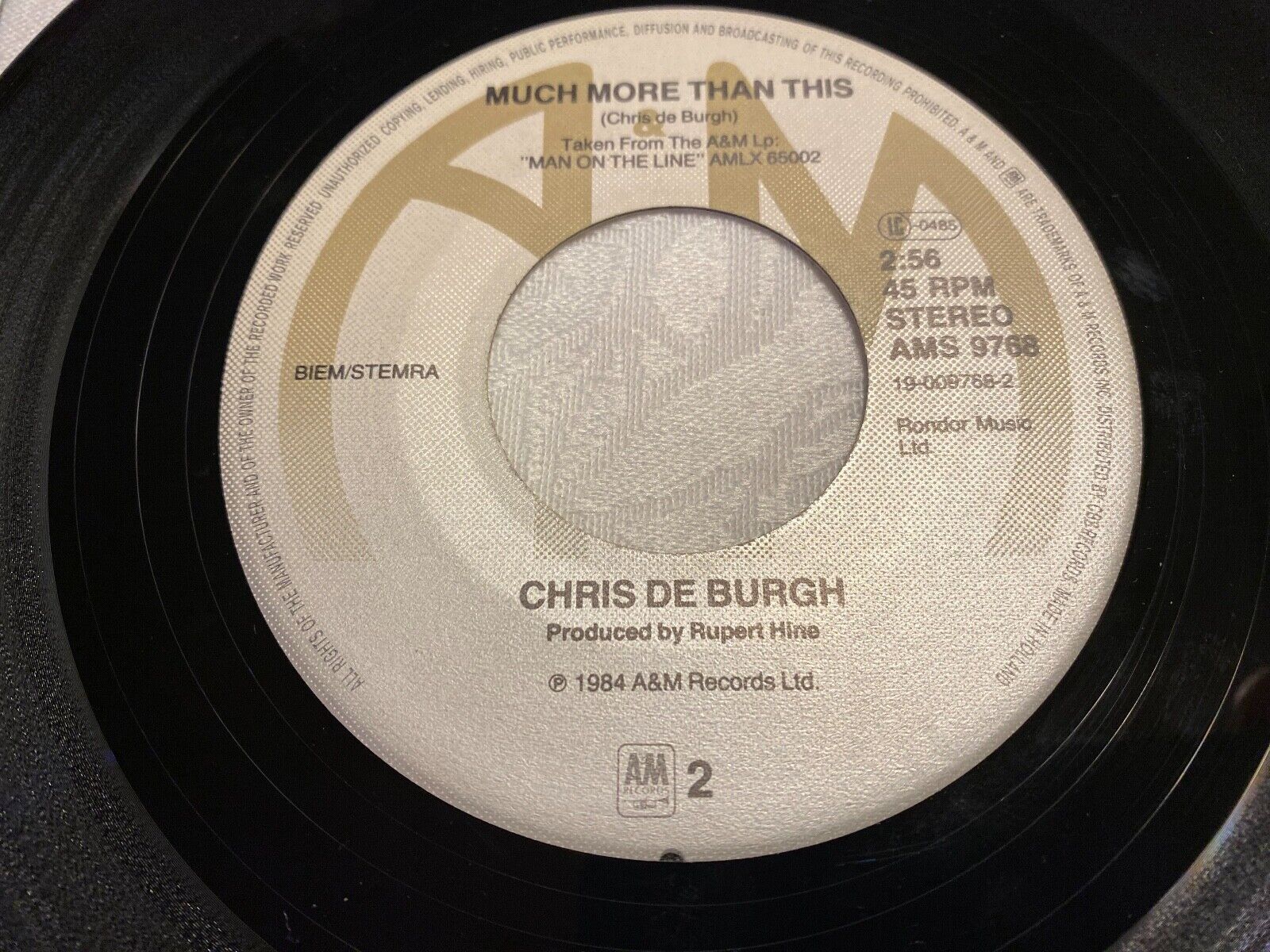 CHRIS DE BURGH "HIGH ON EMOTION / MUCH MORE THAN THIS" 1984 A  M RECORDS 7 INCH