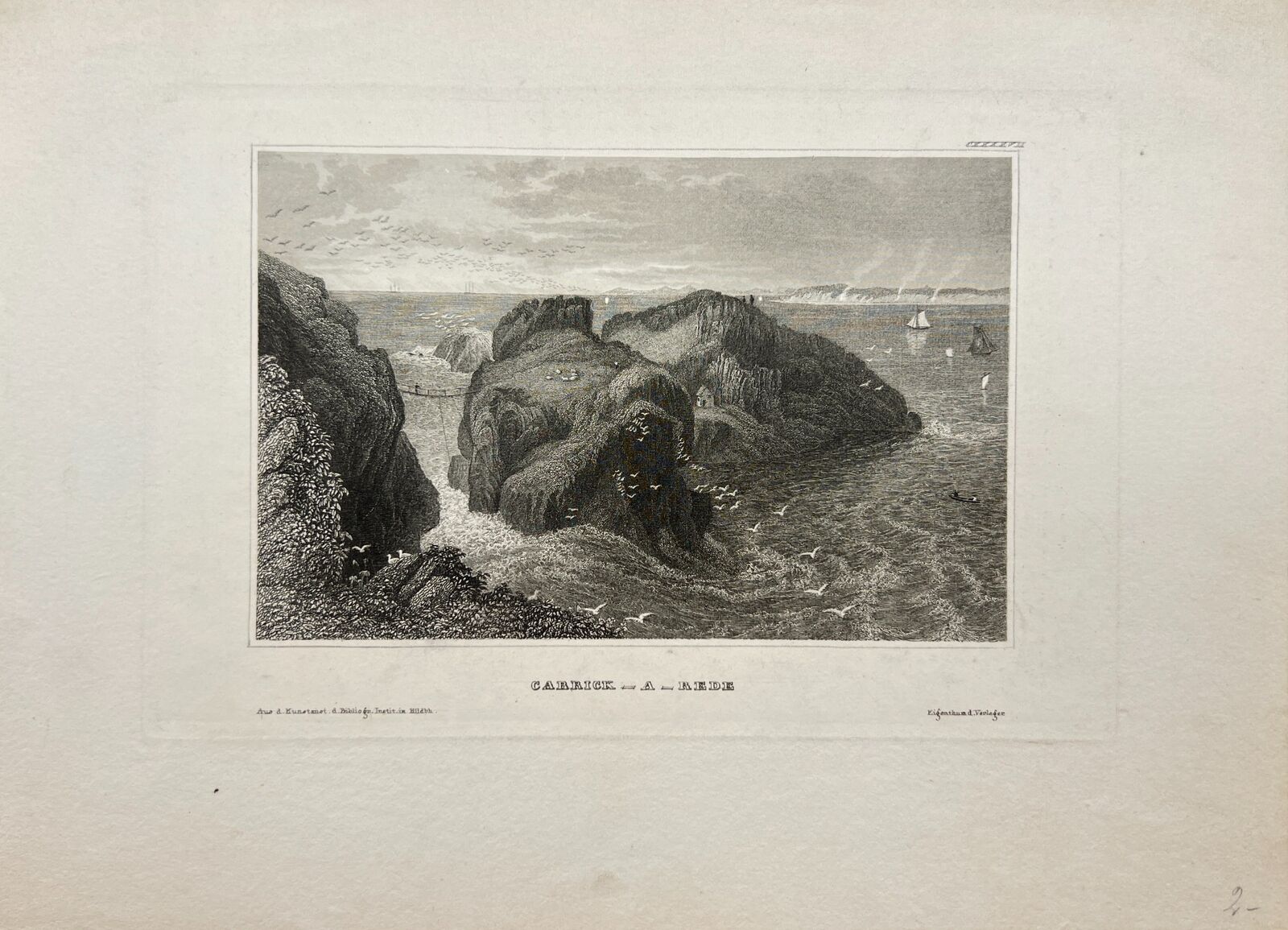 Original Antique Engraving - Karl Reiss - View of Carrick-A-Rede in Ireland - E5