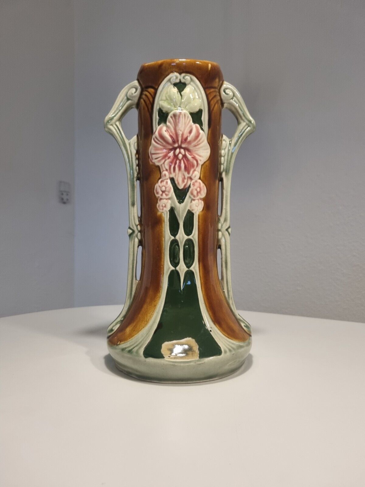 Antique Majolica Art Nouveau Handled Vase w Floral Design