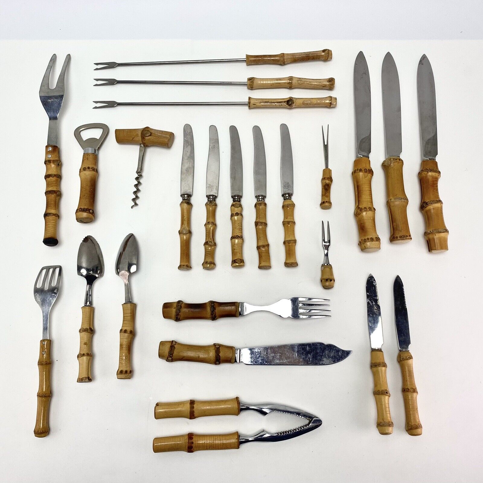 24pcs Lot MCM Vintage Bamboo Serving Flatware Cutlery Barware Nutcracker Knife