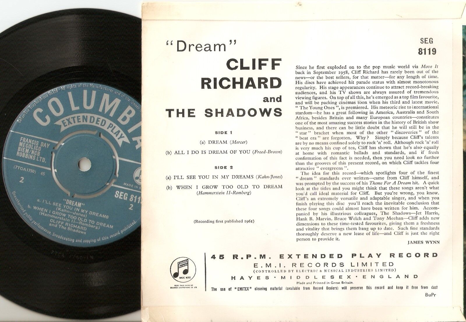 CLIFF RICHARD AND THE SHADOWS DREAM EP 45+PS 1961 MONO