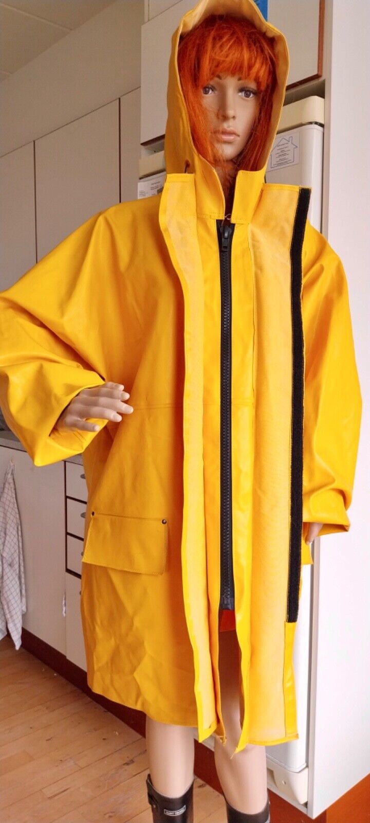 Retro vintage yellow PVC GYU COTTON raincoat rain jacket rubber coat catsuit