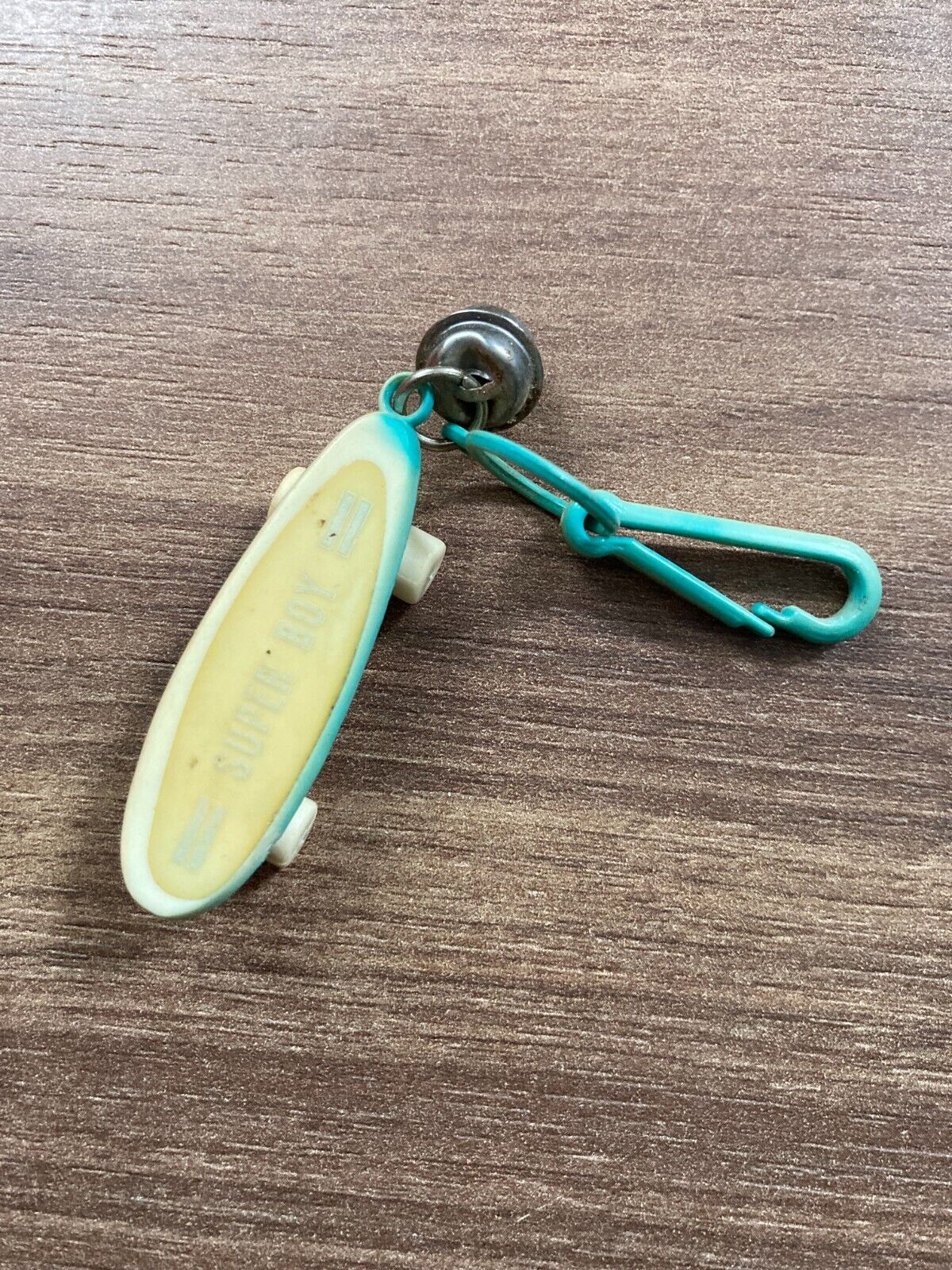 Vintage Surfboard Keychain Super Boy with Bell and Clip Keychain - Retro 1980s