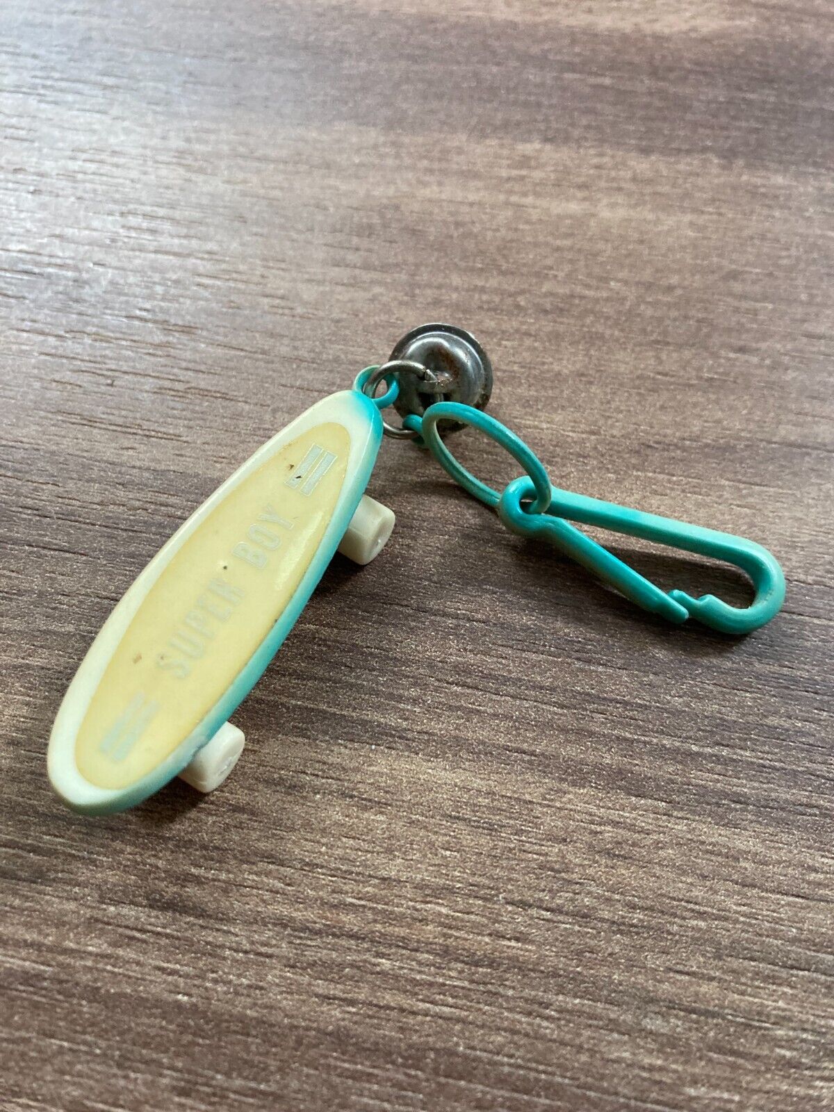 Vintage Surfboard Keychain Super Boy with Bell and Clip Keychain - Retro 1980s