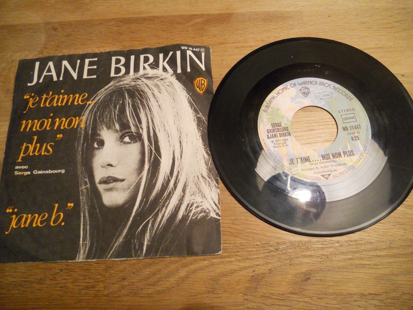 JANE BIRKIN "JE TÁIMEMOI NON PLUS / JANE B" 1974 7" WEA  WARNER BROS Records