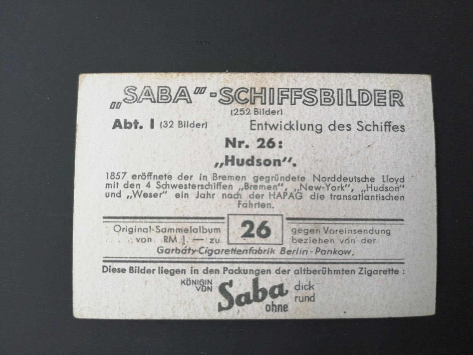 German SABA tobacco ship trading card from 1931-33No 26 "Hudson" 1857