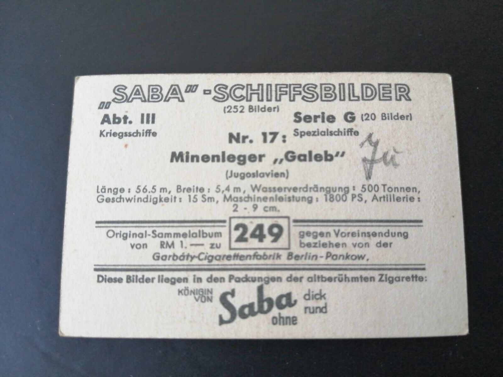 German SABA tobacco ship trading card 1931-33No 249 "Galeb" Jugoslavien