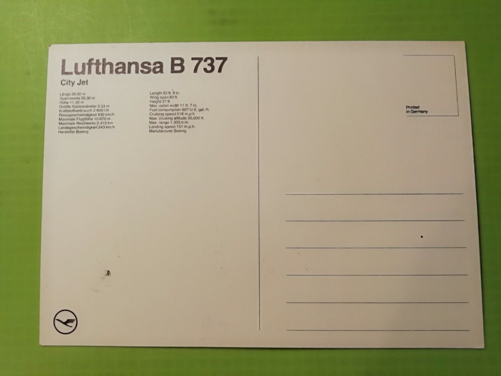 Aviation postcardGermanyLufthansa B 737City Jet Unposted