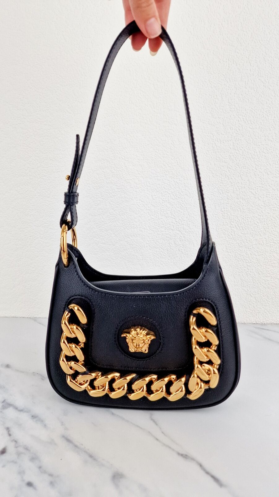 Versace La Medusa Hobo Bag Black Calf Leather Gold Chunky Chain Medusa Curved