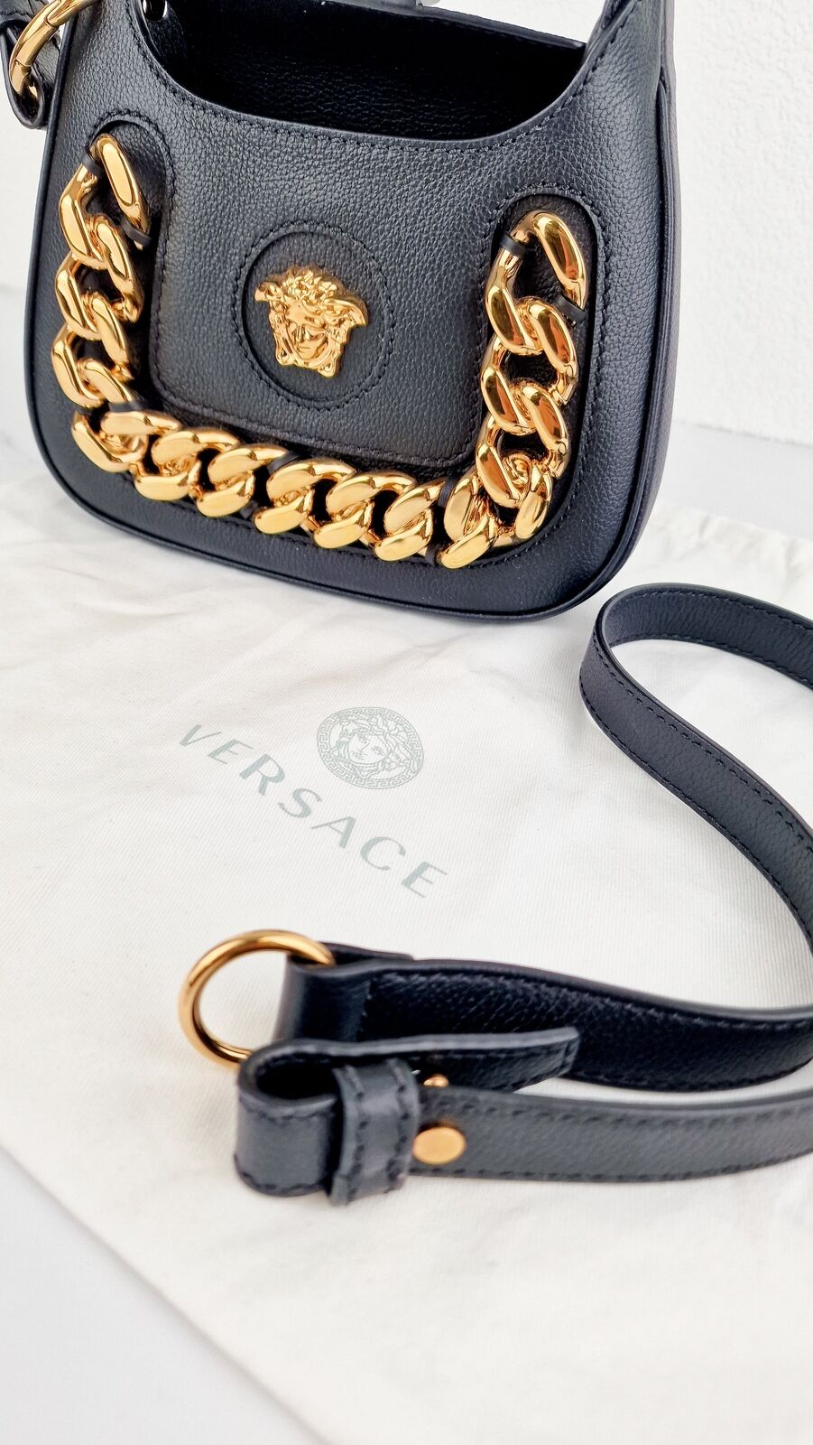 Versace La Medusa Hobo Bag Black Calf Leather Gold Chunky Chain Medusa Curved