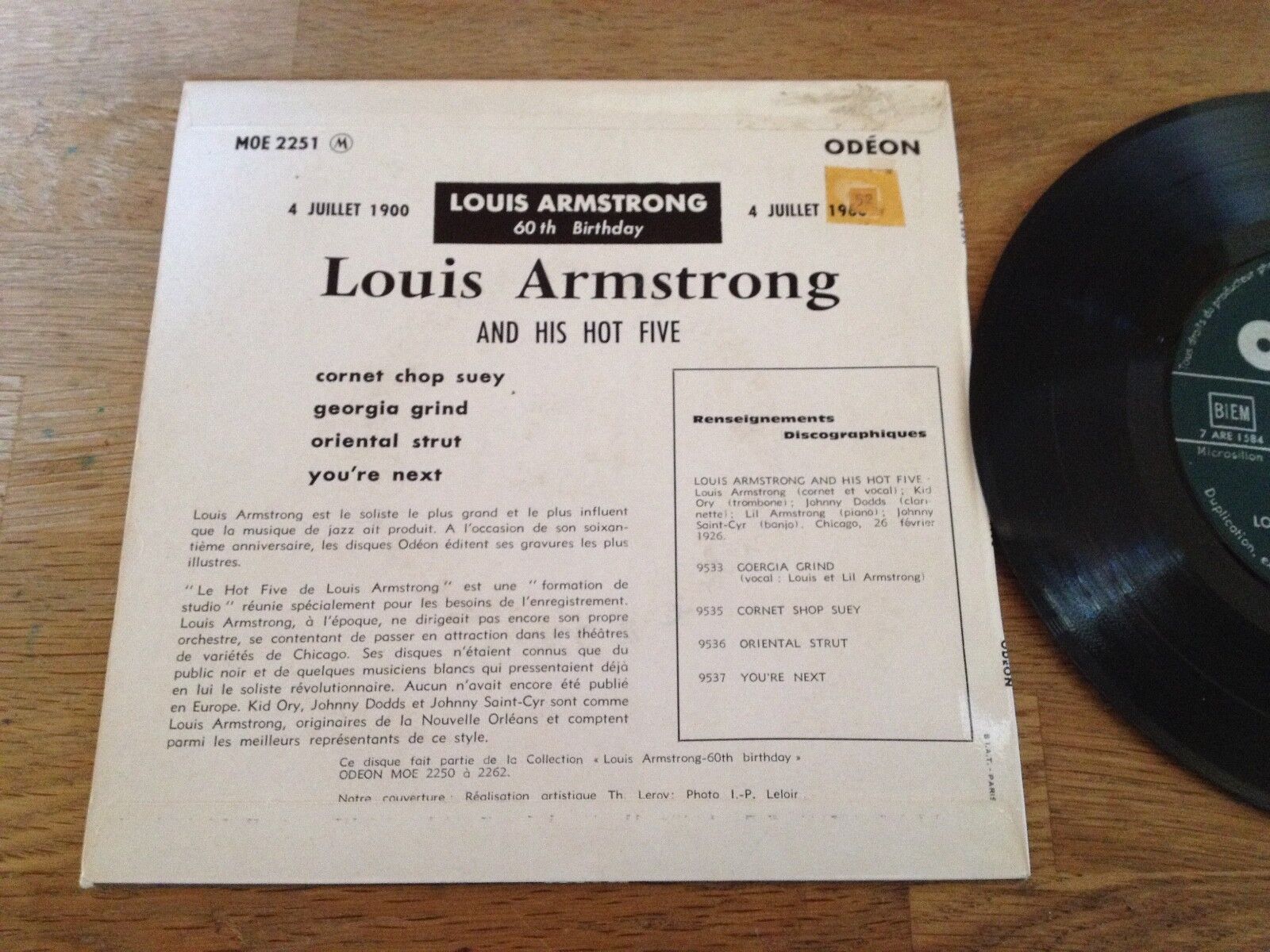 LOUIS ARMSTRONG "YOU´RE NEXT" 4 TRACKS FRENCH VINYL SINGLE ODEON RECORDS BIEM***