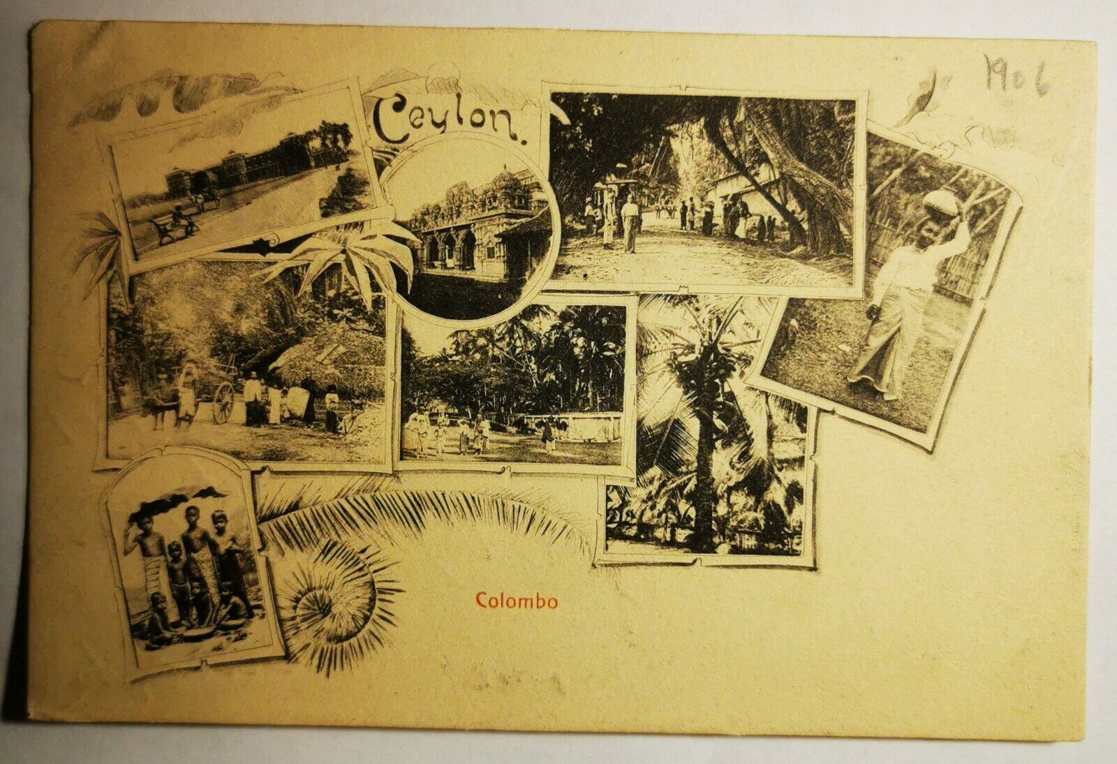 Old postcard:  Motifs from Colombo Ceylon Sri Lanka Mailed in 1906  pok1438