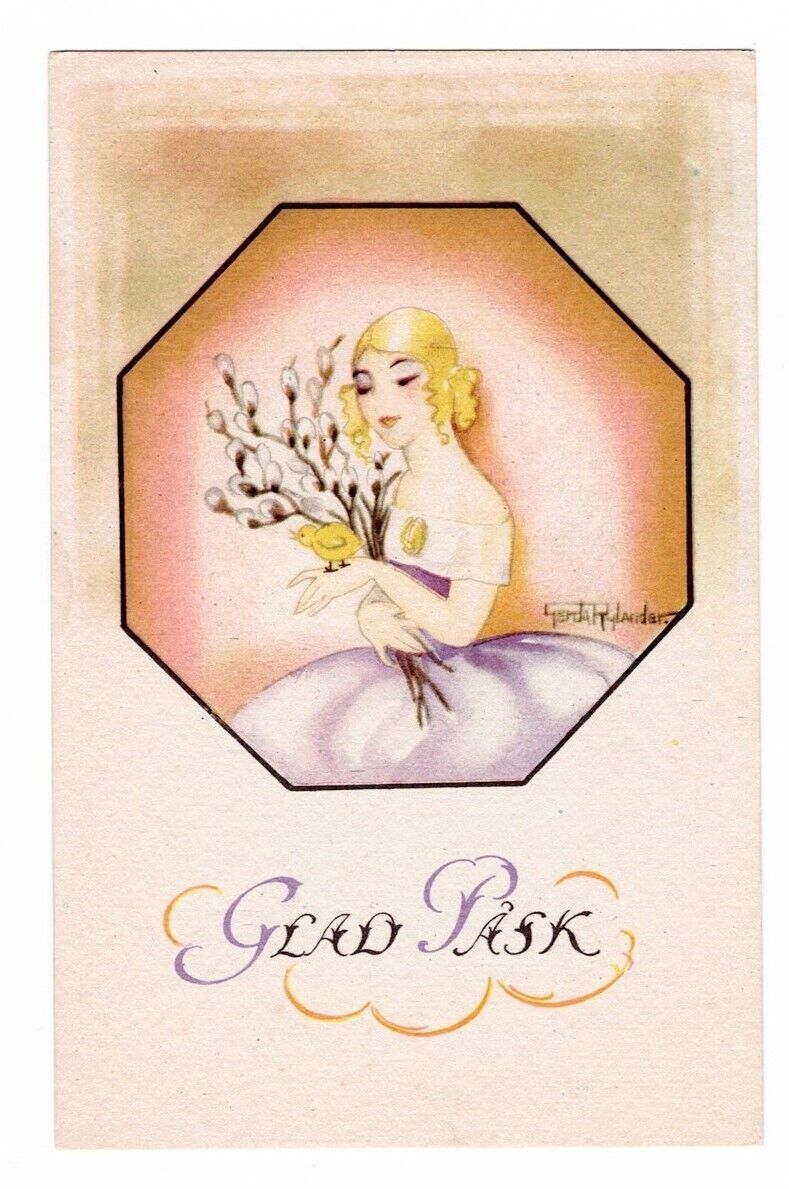 Vintage rare ARTIST SIGNED GERDA RYLANDER Easter postcard  - art deco lady VGC