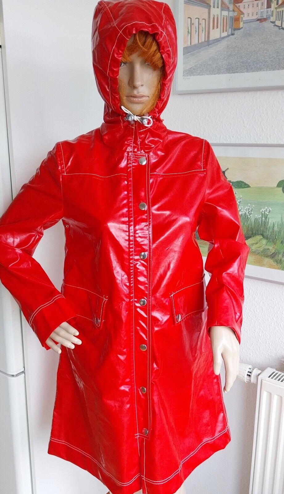 Red PVC raincoat rain jacket rubber coat Friesian mink East Friesian mink rubber jacket