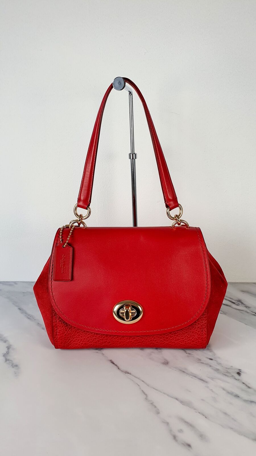 Coach Faye Red Mixed Leather Suede Flap Bag Turnlock Tophandle Crossbody Handbag