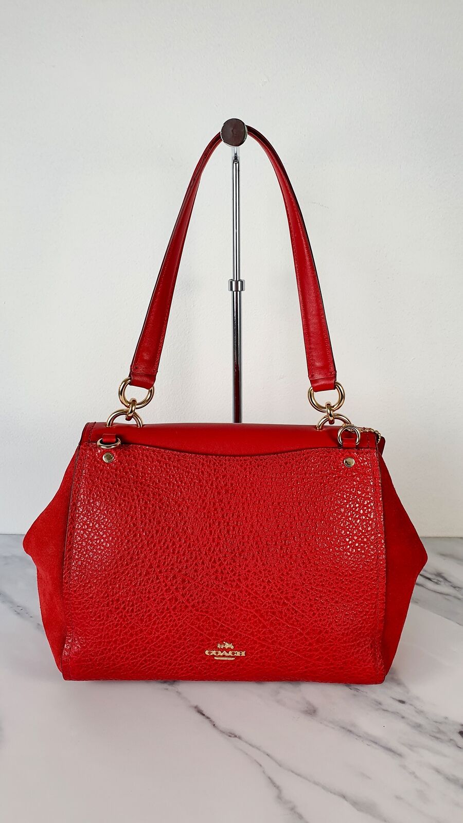 Coach Faye Red Mixed Leather Suede Flap Bag Turnlock Tophandle Crossbody Handbag