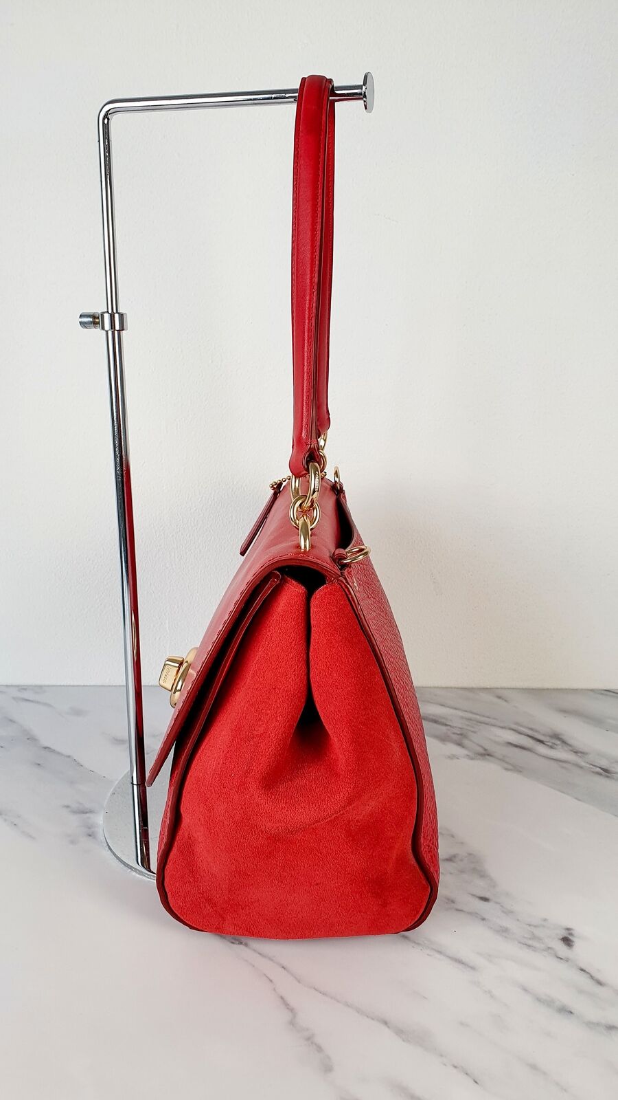 Coach Faye Red Mixed Leather Suede Flap Bag Turnlock Tophandle Crossbody Handbag