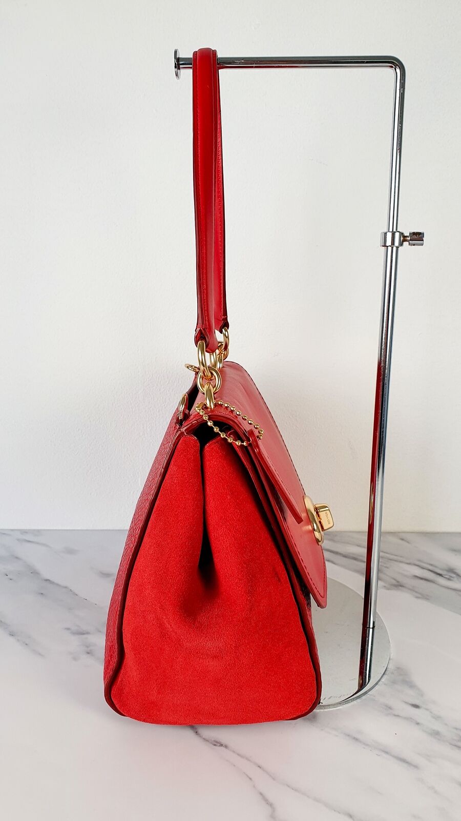 Coach Faye Red Mixed Leather Suede Flap Bag Turnlock Tophandle Crossbody Handbag