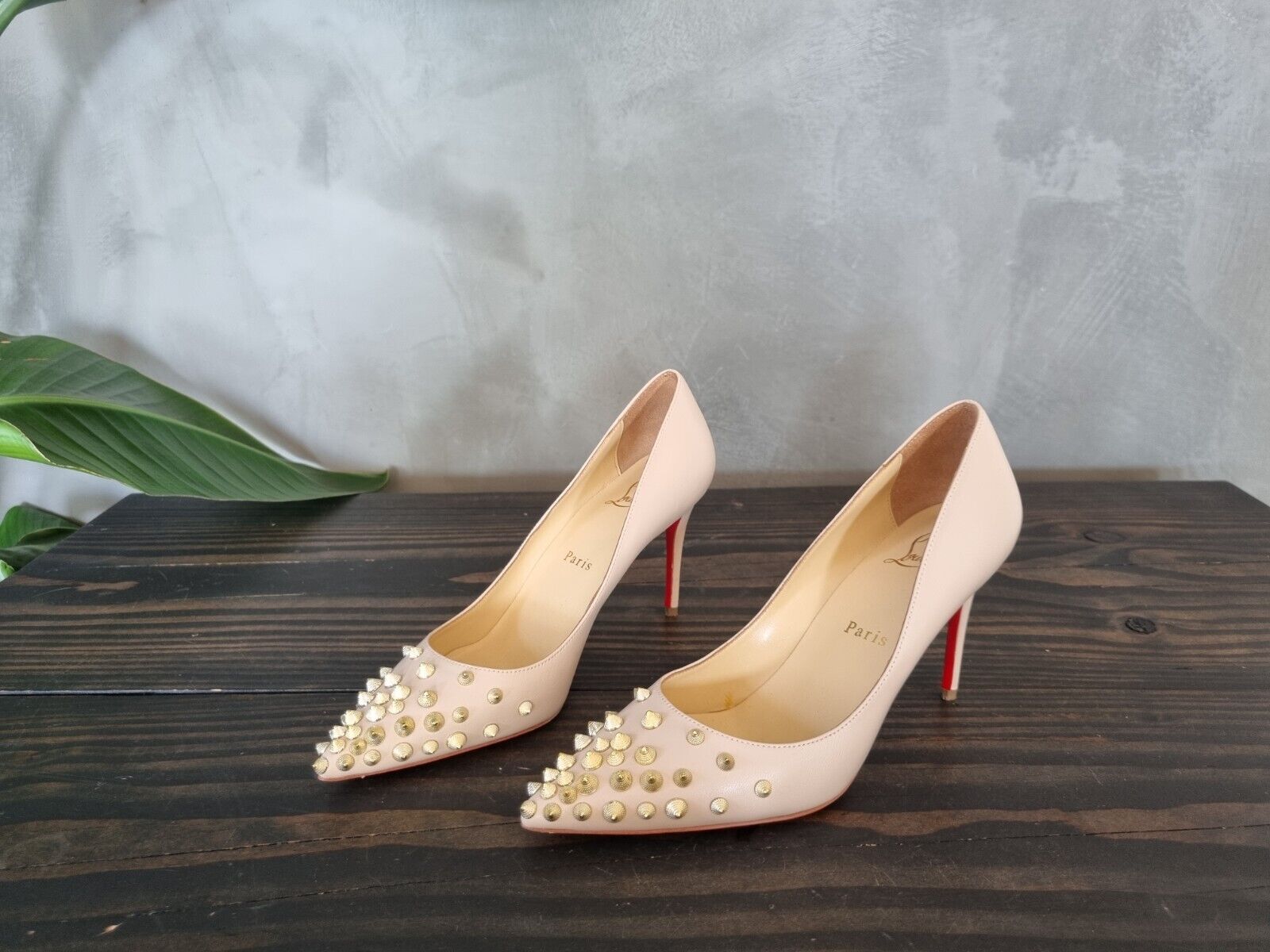 **Christian Louboutin** Beige Leather Spikyshell Studded Heels Pumps Size 37