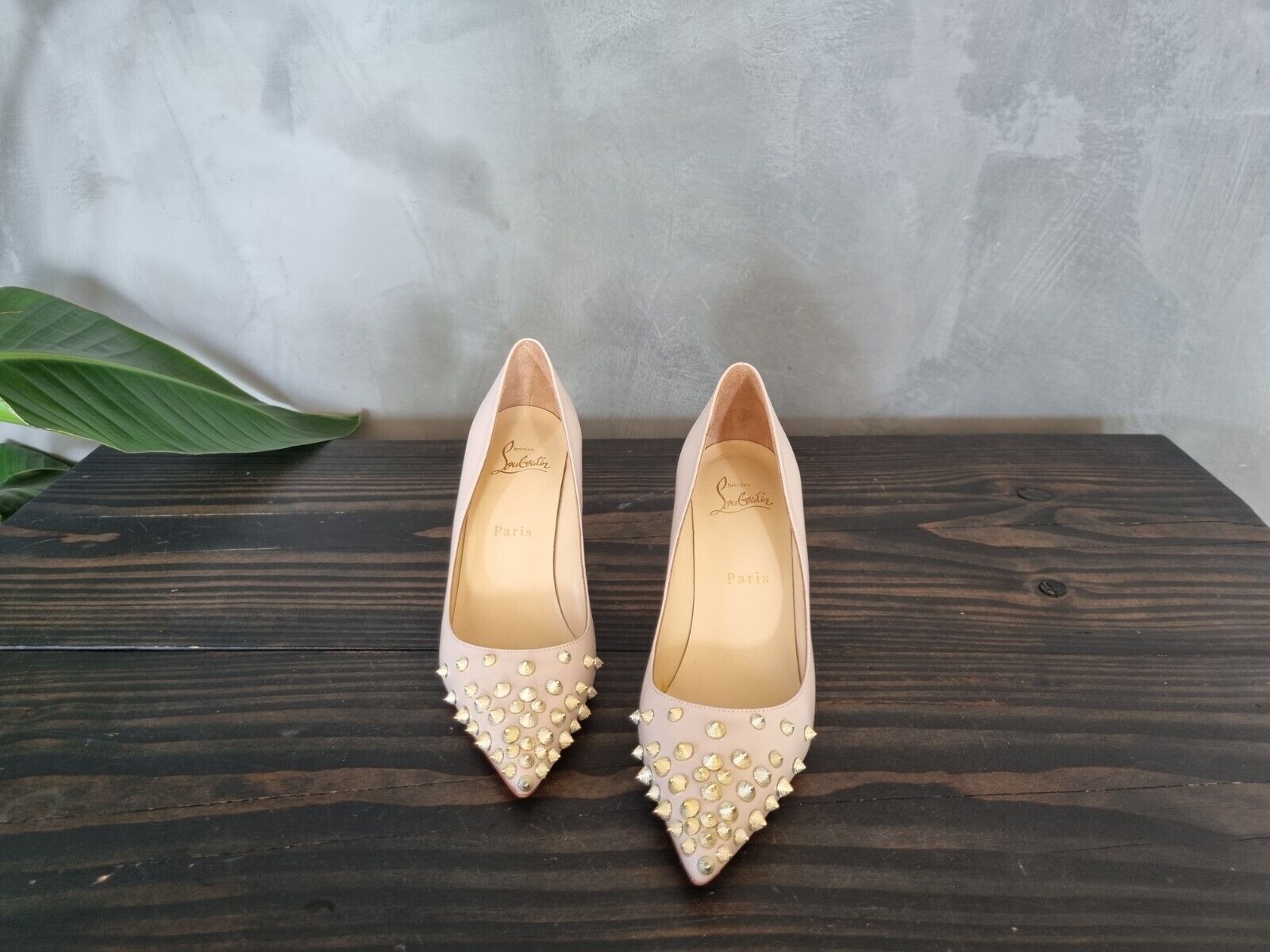 **Christian Louboutin** Beige Leather Spikyshell Studded Heels Pumps Size 37