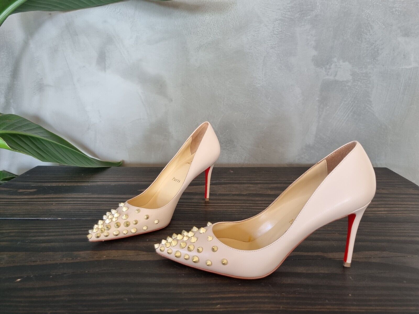 **Christian Louboutin** Beige Leather Spikyshell Studded Heels Pumps Size 37