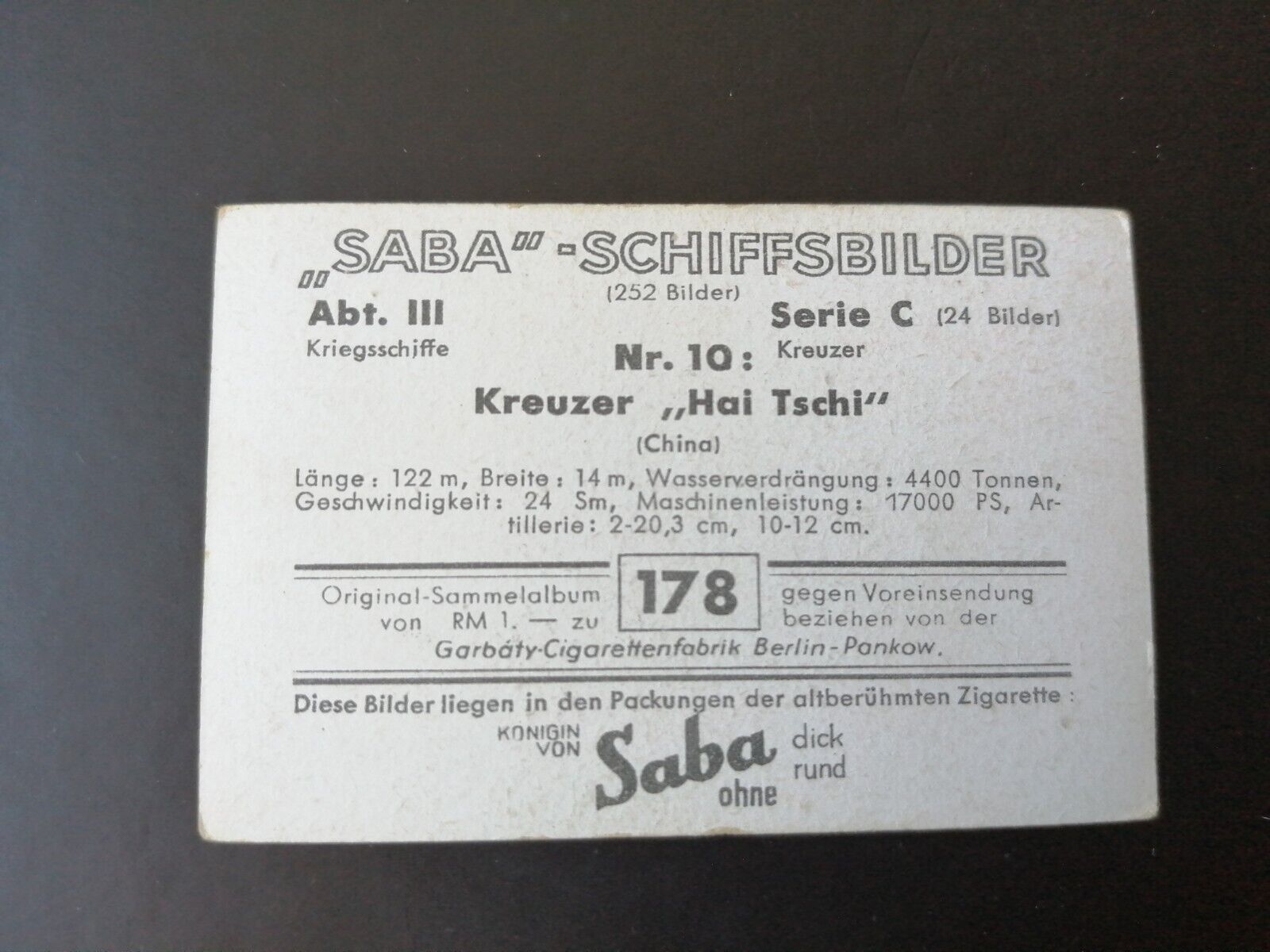 German SABA tobacco ship trading card 1931-33No 178"Hai Tschi" China