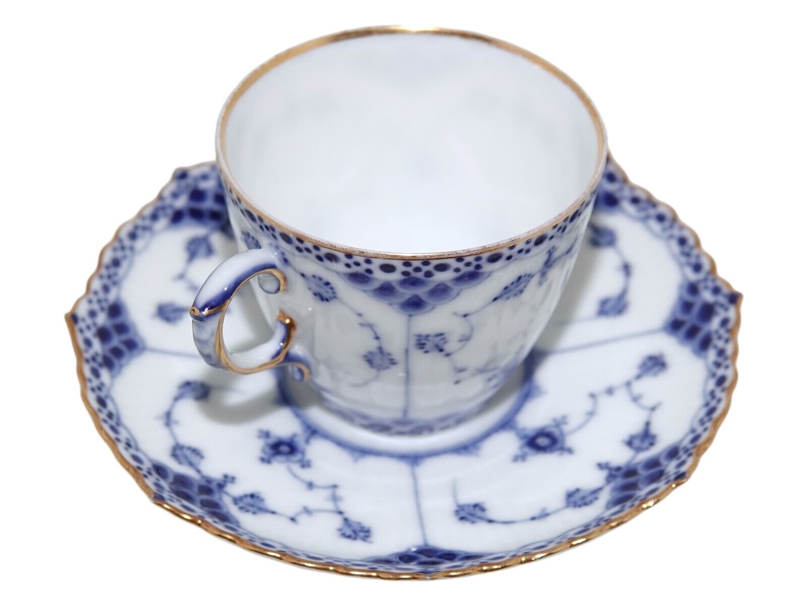 Royal Copenhagen Blue Fluted Full Lace with gold edge small coffee cup pre 1894