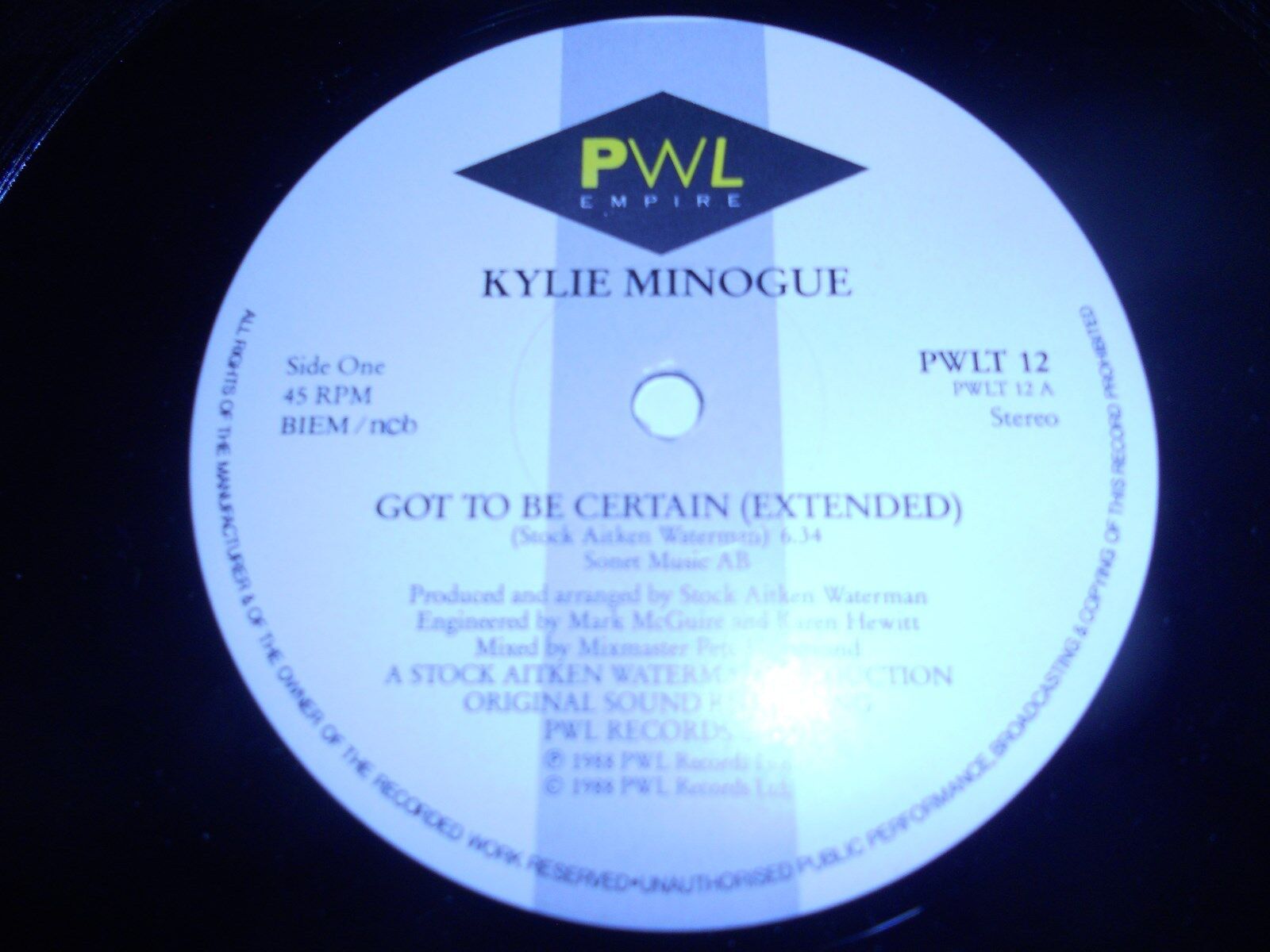 KYLIE MINOGUE "I GOT BE CERTAIN" 3 REMIXES USED SWEDISH 12" 1988 PWL NCB / BIEM*