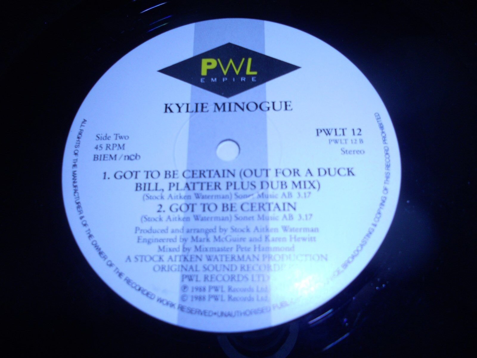 KYLIE MINOGUE "I GOT BE CERTAIN" 3 REMIXES USED SWEDISH 12" 1988 PWL NCB / BIEM*