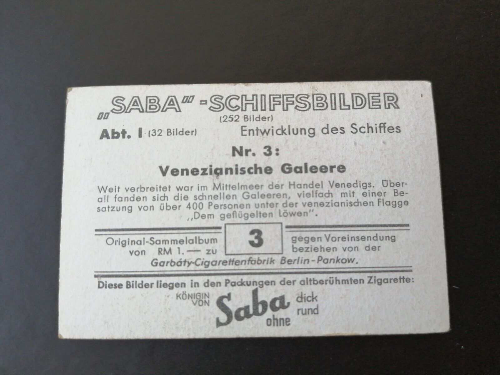 German SABA tobacco ship trading card 1931-33No 3 Venezianische GaleereItaly