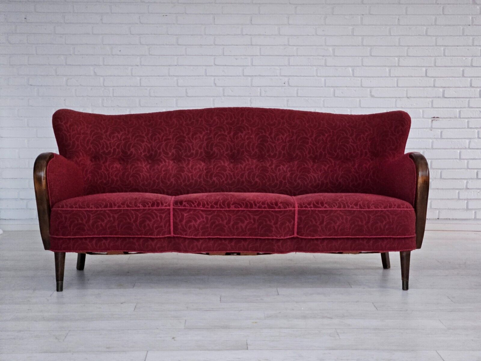 1950-60s Danish 3-seater sofa original condition red cotton/wool beech wood