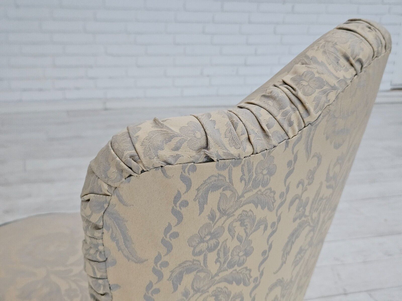 1950s Danish armchair reupholstered creamy/white floral fabric