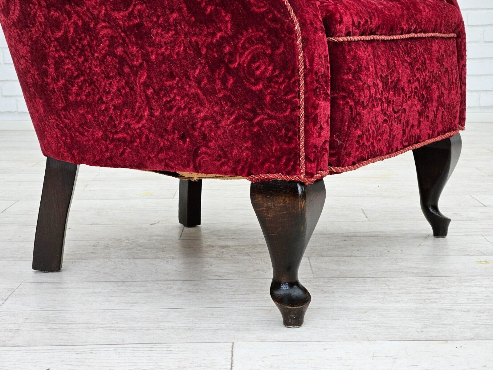 1950s Danish vintage chair red cotton/wool fabric beech wood