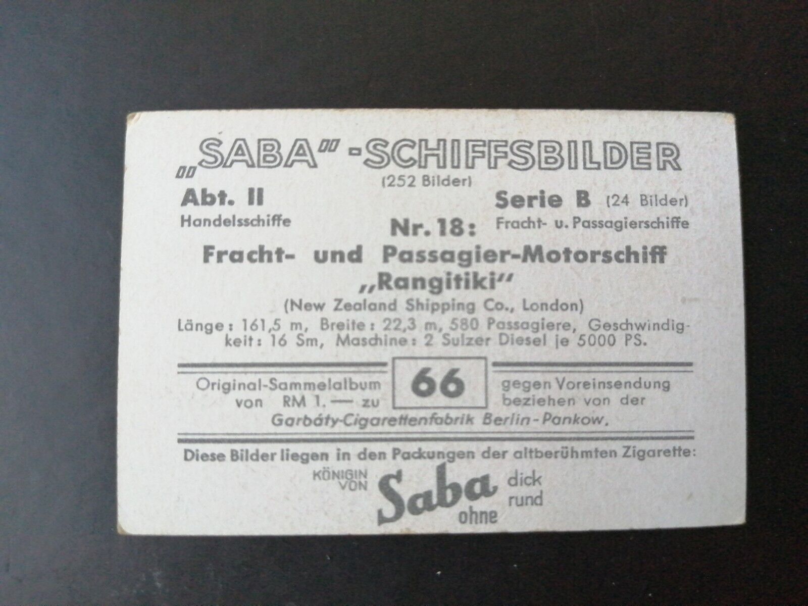 German SABA tobacco ship trading card 1931-33No 66 " Rangitiki" London