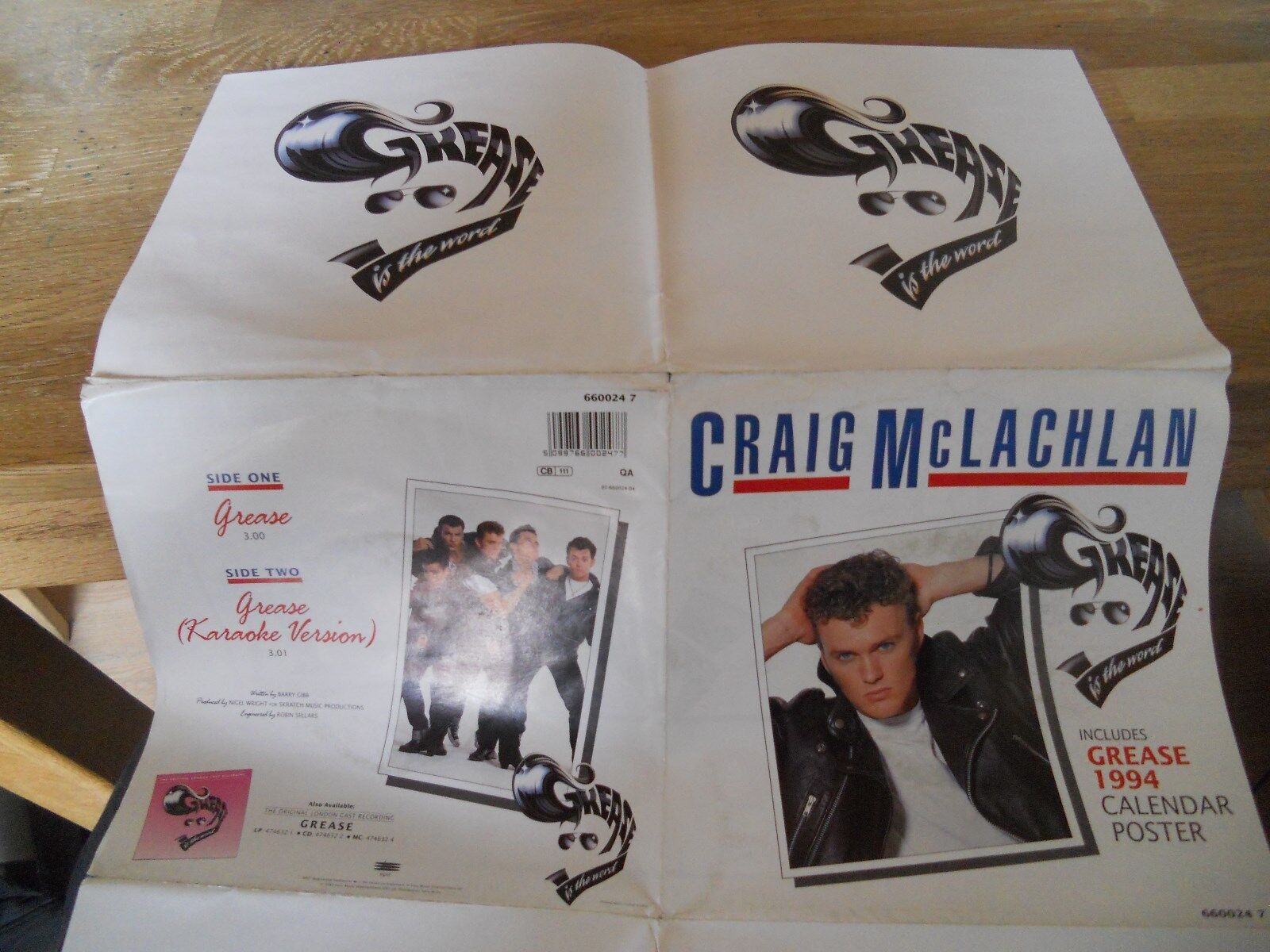 CRAIG MCLACHLAN "GREASE" WITH CALENDAR POSTER 7" SINGLE USED 1993 EPIC RECORDS**