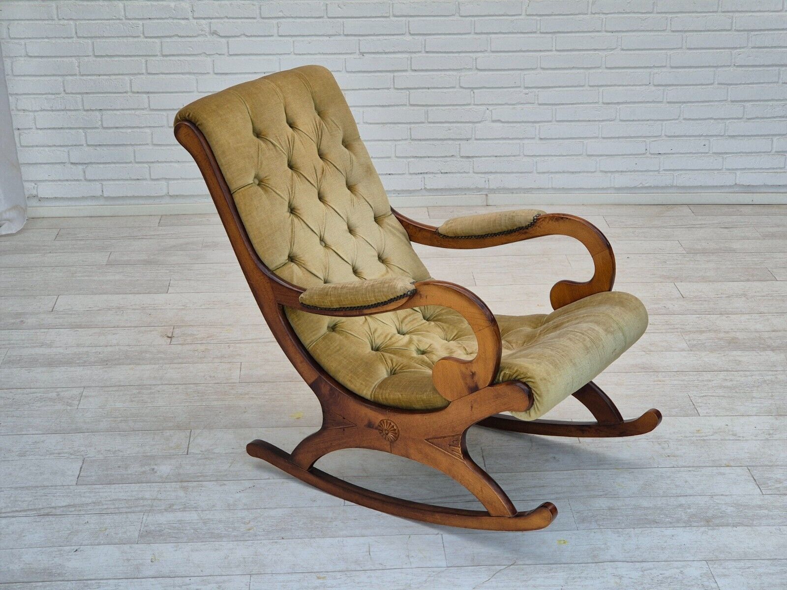 1950s Scandinavian rocking chair vintage green furniture velour