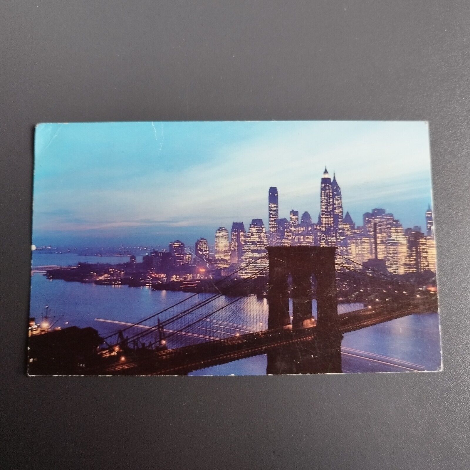 New York City Nightfall in Lower Manhattan with Brooklyn Bridge 1956