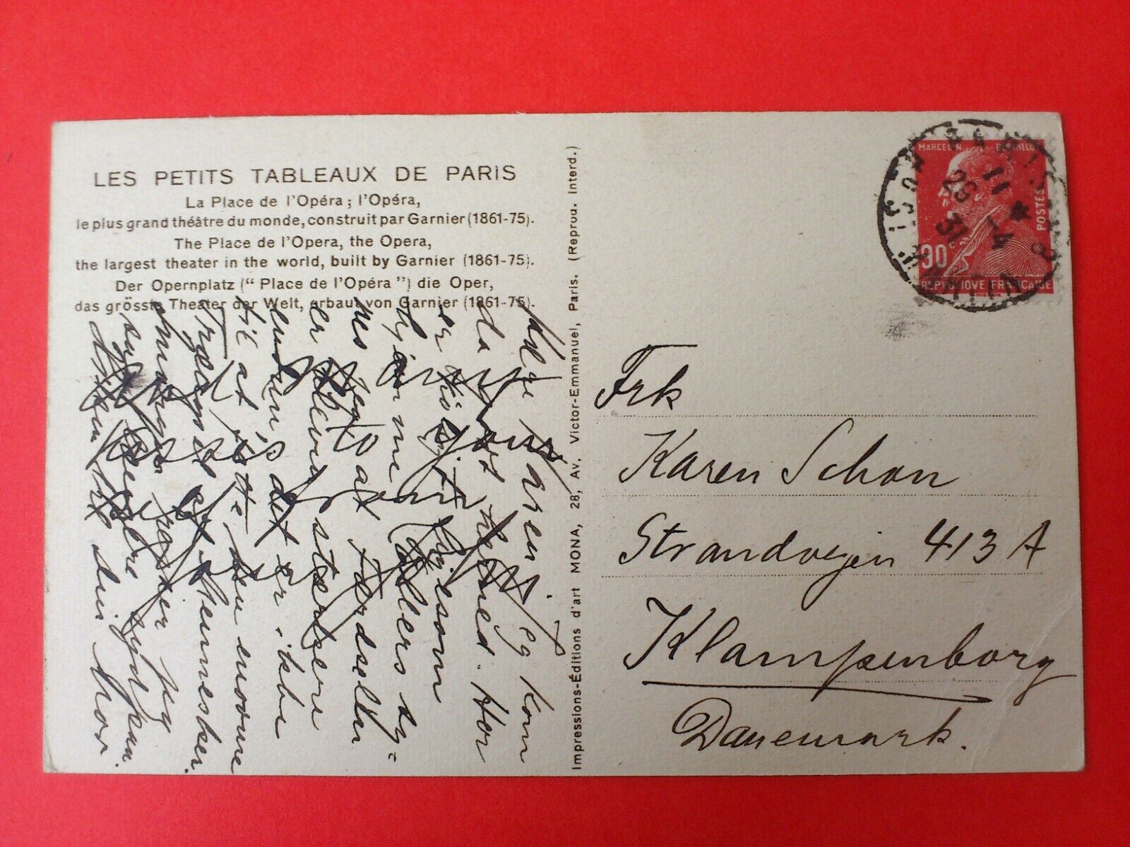 Vintage Postcard FranceParisPlace de l'Opéra Posted to Denmark in 1931