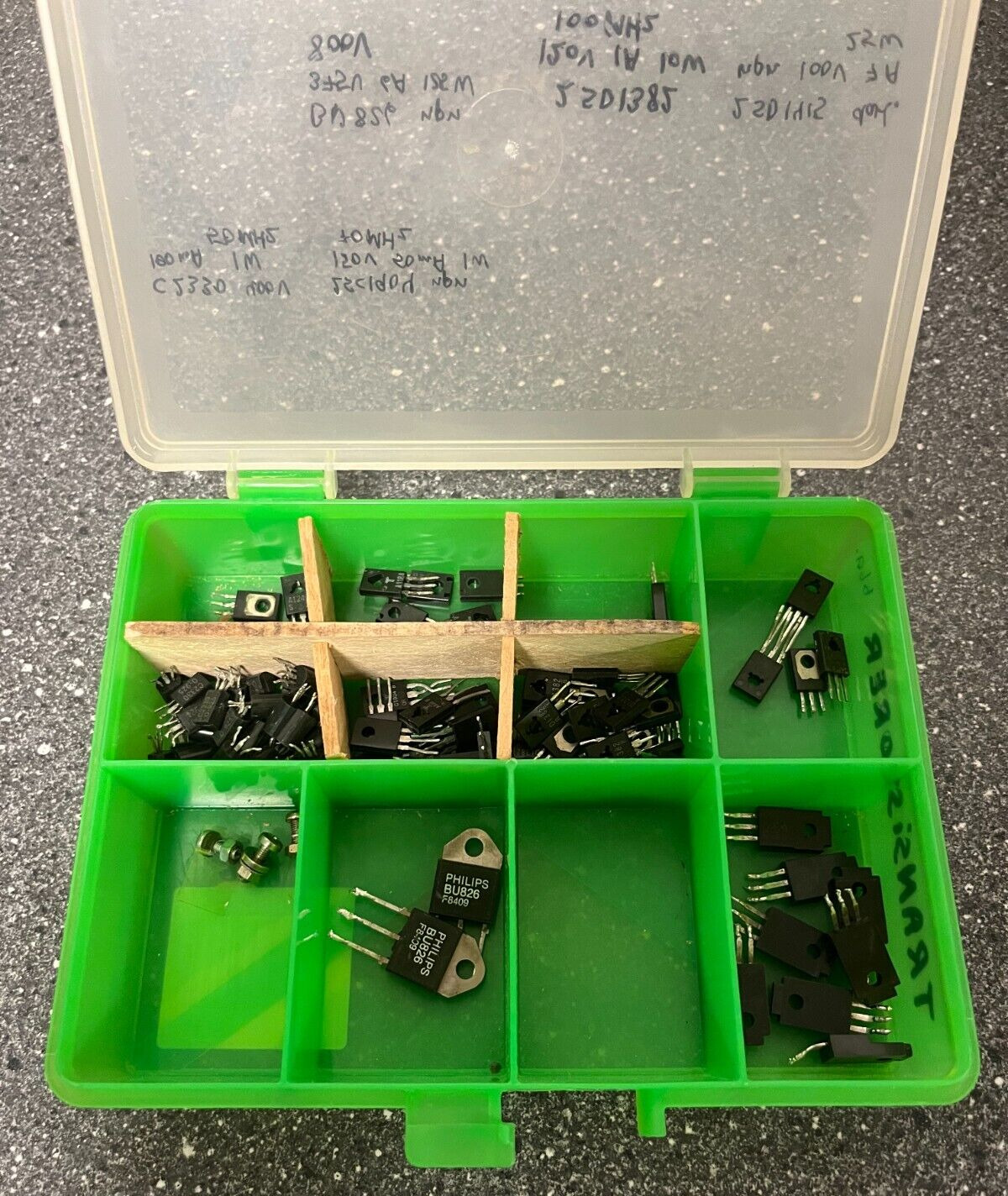 Assorted Vintage NPN Transistors Collection w/ Storage Box – Various Models