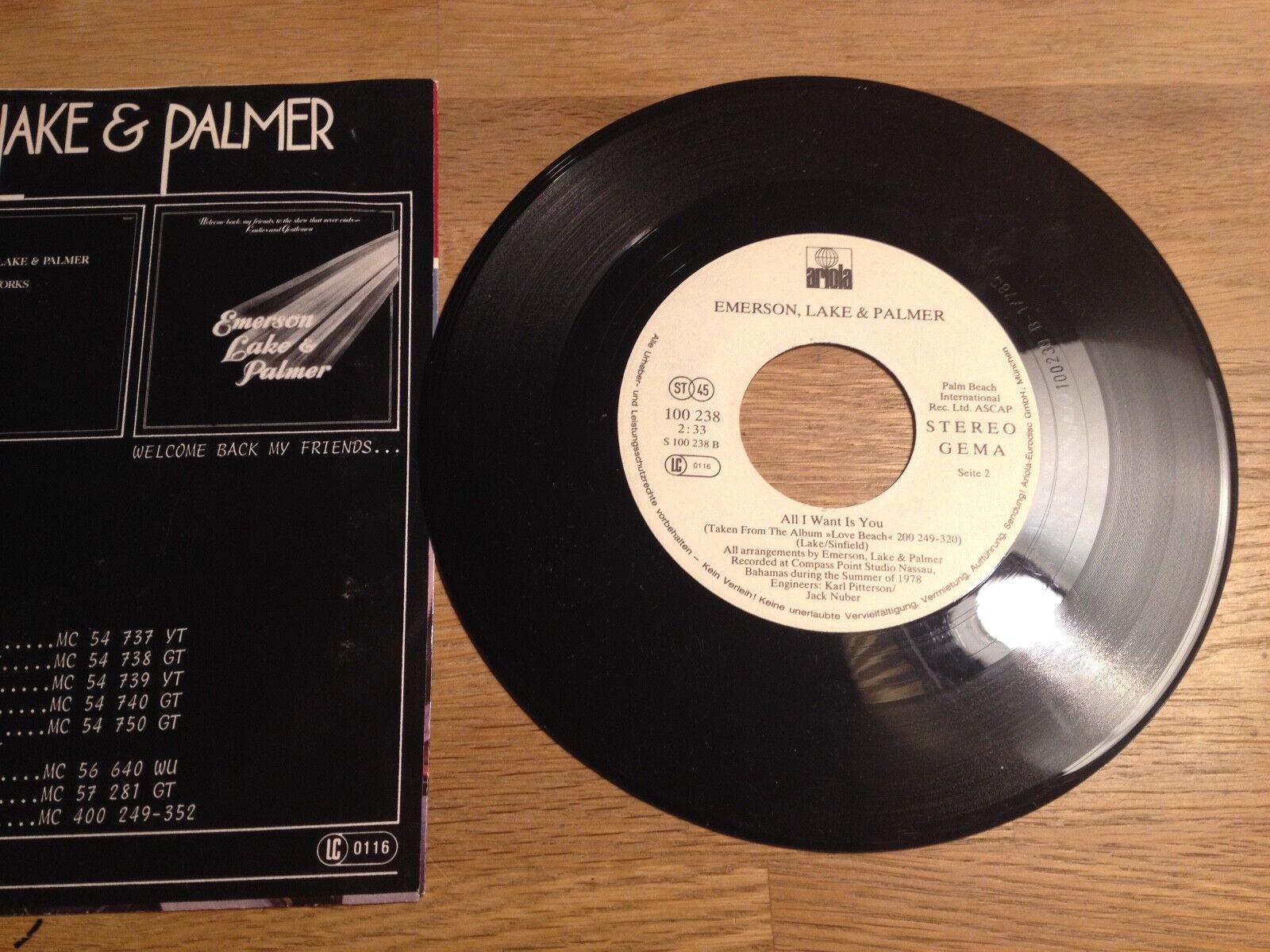 EMMERSON LAKE  PALMER "CANARIO/ALL I WANT IS YOU" 1978 7 " SINGLE WEST GERMANY