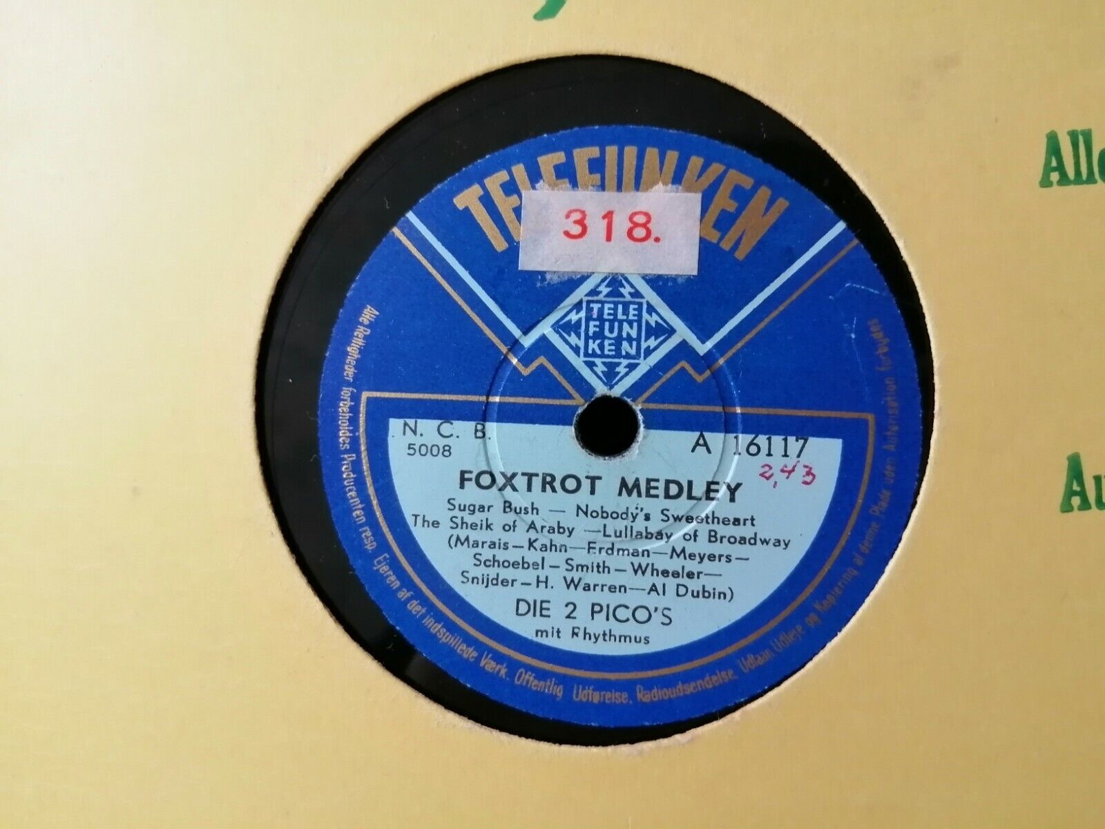 78 rpm DIE 2 PICOS Foxtrot Medley/Marsch MedleyTELEFUNKENDenmark